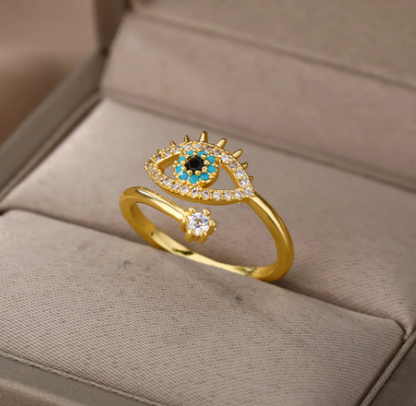 Türkischer böser Blick, Zirkonia-Ringe für Frauen, verstellbarer offener Ring, vergoldeter Edelstahl, Paarringe, Bague-Hochzeitsschmuck