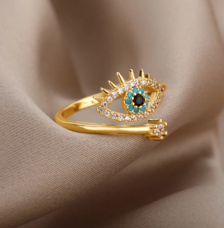Türkischer böser Blick, Zirkonia-Ringe für Frauen, verstellbarer offener Ring, vergoldeter Edelstahl, Paarringe, Bague-Hochzeitsschmuck